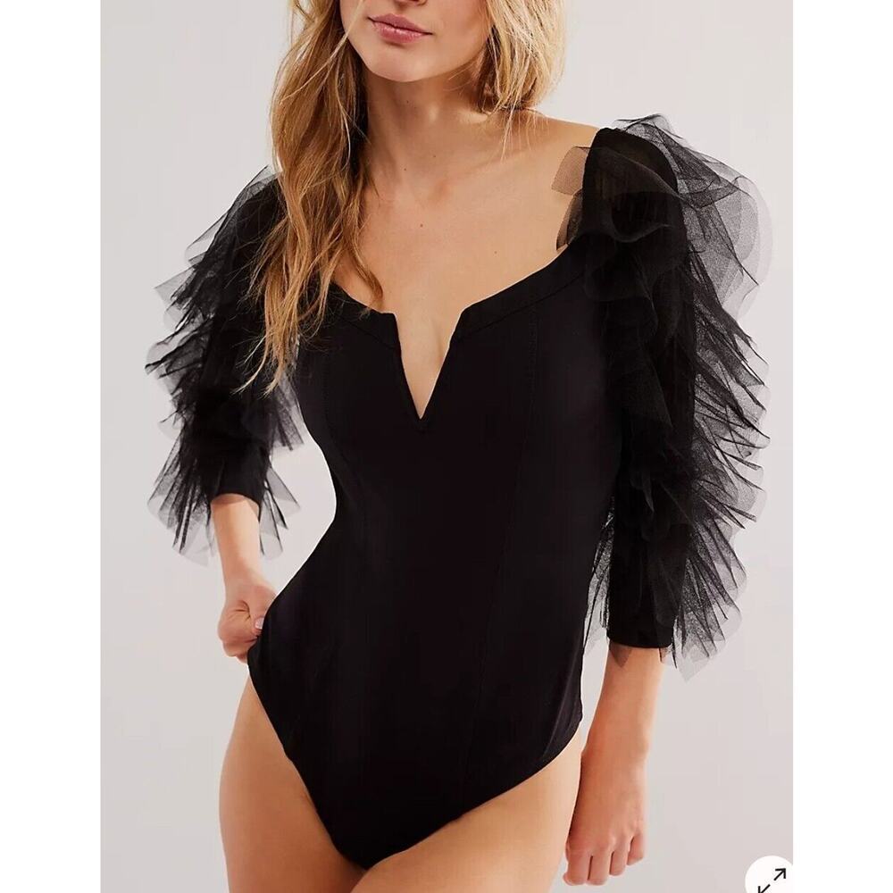NWT Free People Show Me Love Bodysuit Black Sz Large black ruffle sleeve tulle